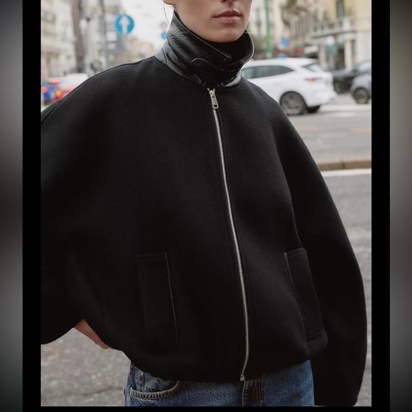 Zara CONTRAST COLLAR WOOL BALLOON BOMBER JACKET - Picture 8 of 12